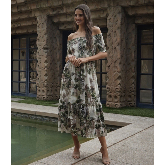 L'agence Oriel Midi Dress In Antique White Multi Vintage Safari M Off  Shoulder